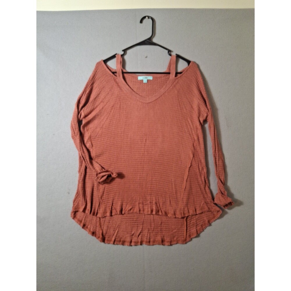 Karlie Terracotta Orange Waffle Knit Thermal Tunic Cold Shoulder Strap Top L USA